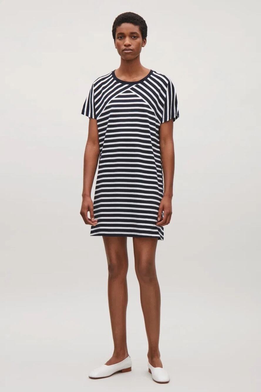 [COS] Navy Blue White Striped A-Line Shift Pima Cotton T-Shirt Dress Sz Large L